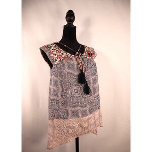 Knox Rose Boho Chic Sleeveless‎ Blouse - Blue & Beige Pattern Floral Size XS